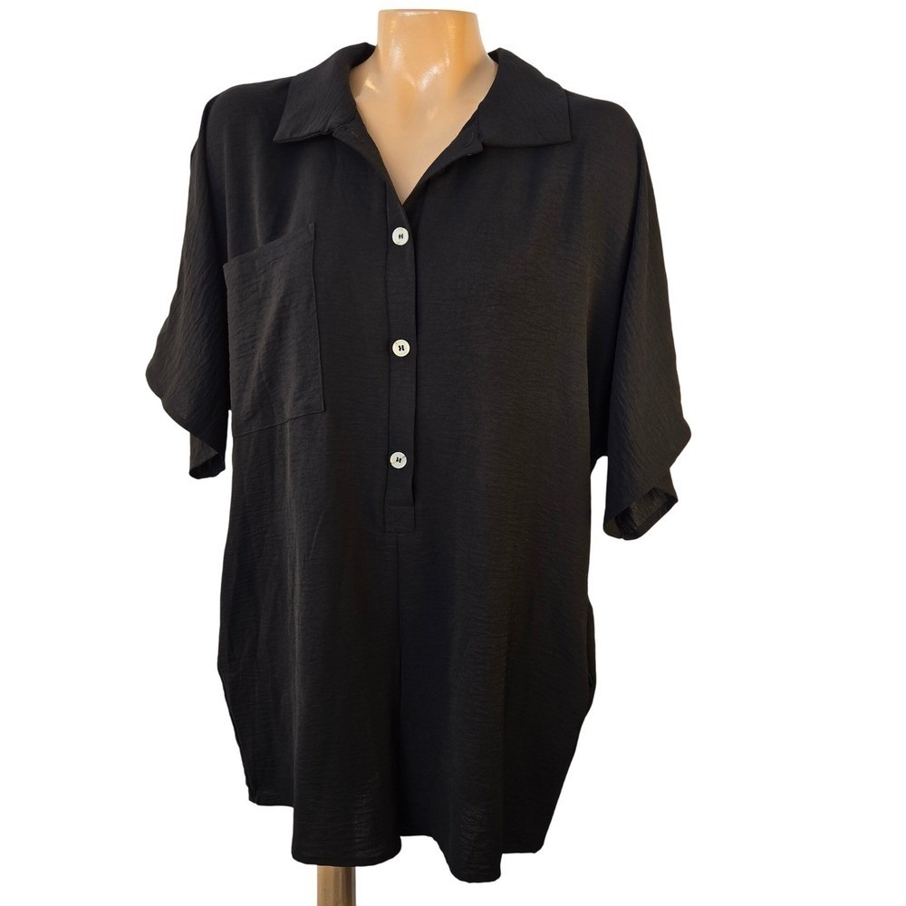 Black Shorts Romper Women Small Button Up‎ Collar Short Sleeve Casual Jumpsuit